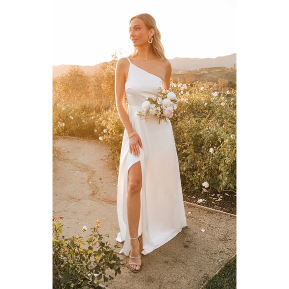 Show Me Your Mumu Shannon One Shoulder Dress in Ivory Luxe Satin S NWT - Picture 1 of 5